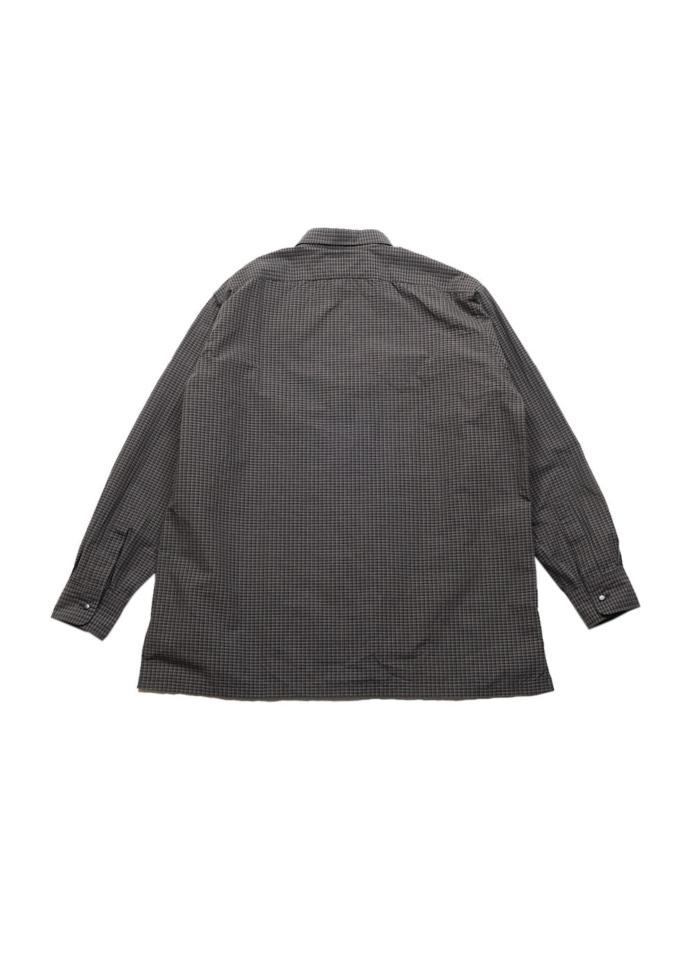 A dark gray and navy micro-checkered long-sleeve button-up shirt shown from the back, laid flat against a solid white background.