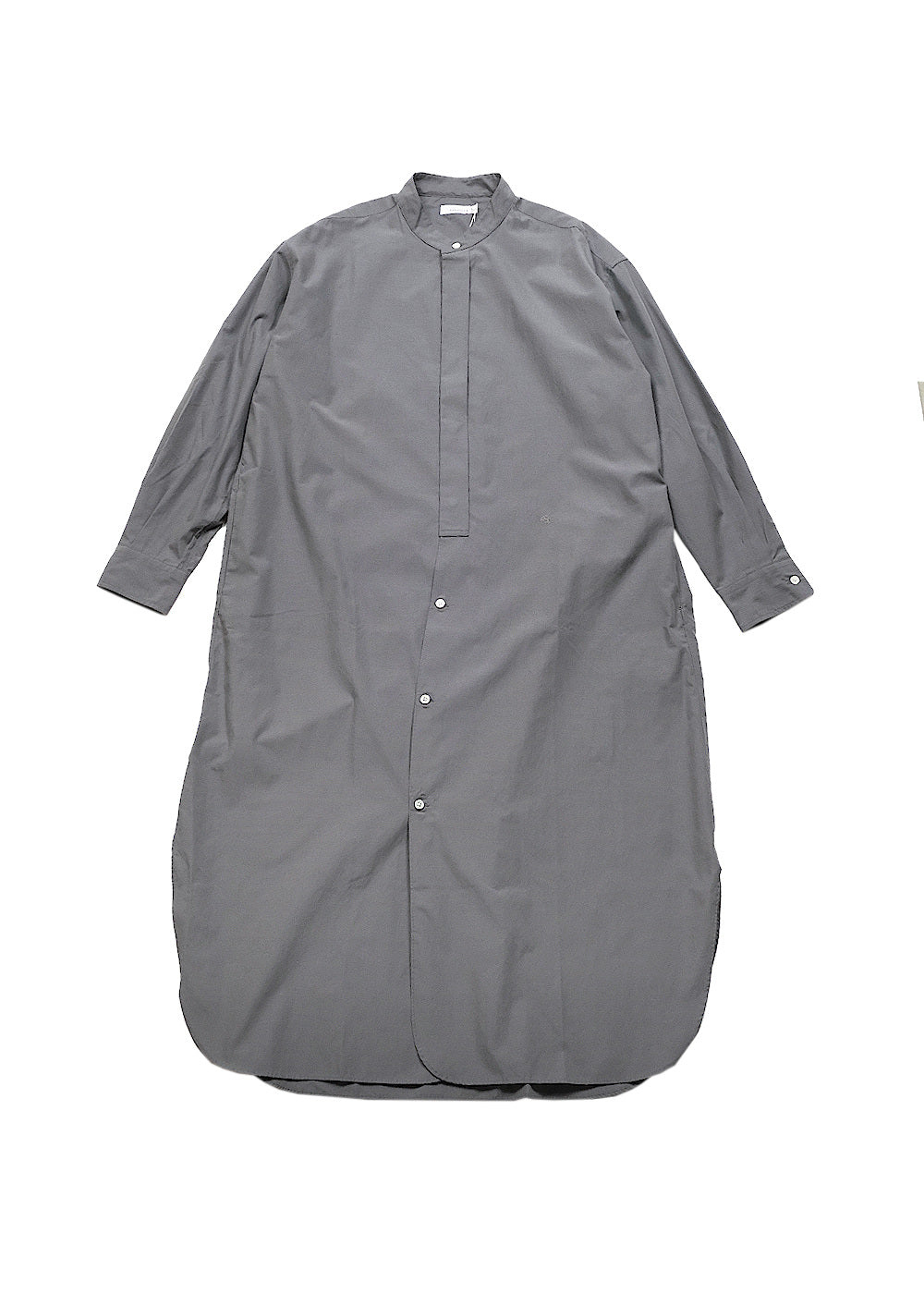 A gray long-sleeve button-front tunic dress with a mandarin collar, laid flat against a white background.