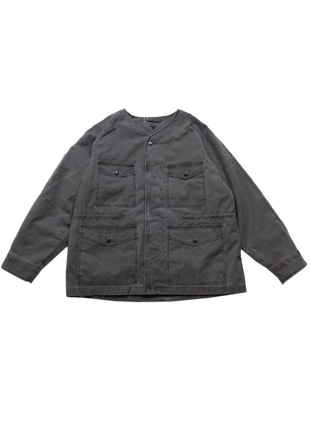 A dark gray utility jacket with a round neckline, button closure, and four front flap pockets, laid flat against a white background.