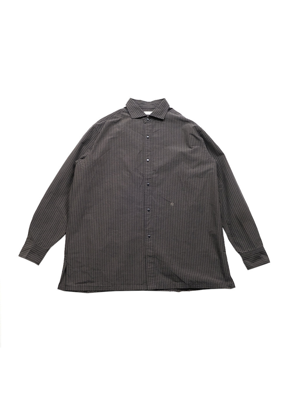 A dark gray and navy long-sleeve button-down shirt with a subtle micro-check pattern, laid flat against a white background.