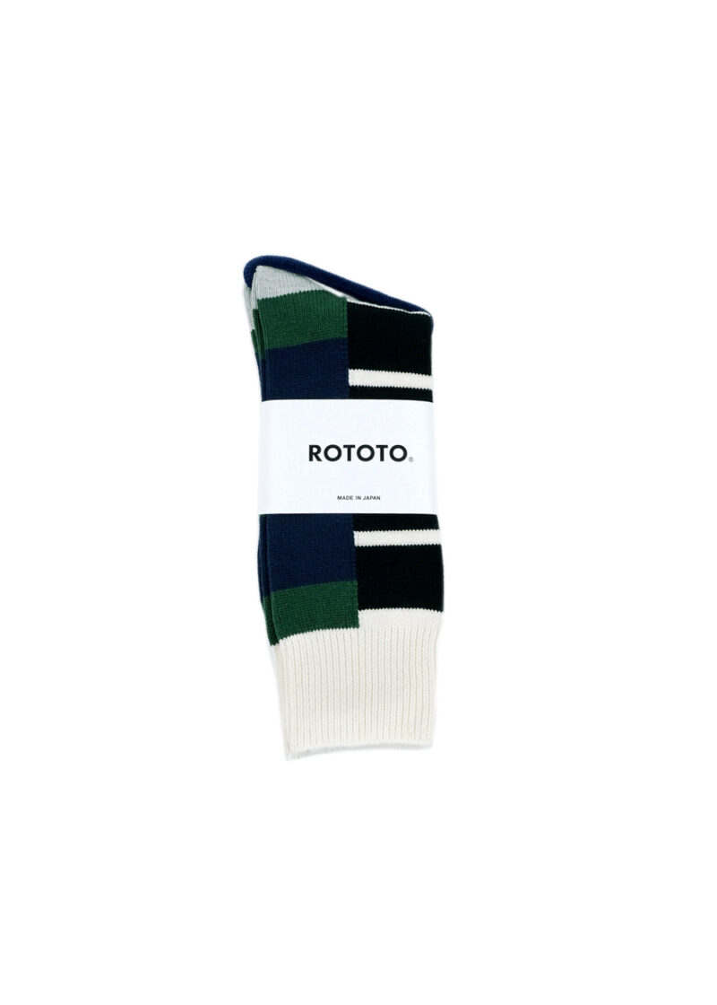 Rototo-MULTI-RUGGER-PATTERN-CREW-SOCKS-GRN-NVY-GRY-01
