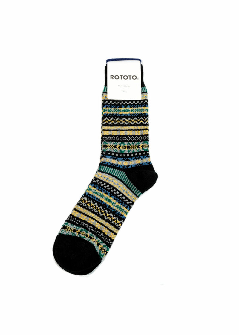 ROTOTO-JacquardCrewSocks-Fairisle-Black-Front